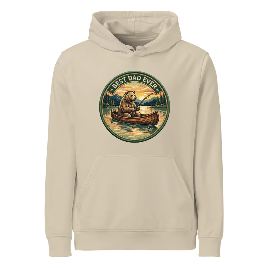 Sand-coloured hoodie with a badge of a bear fishing from a canoe and the text BEST DAD EVER