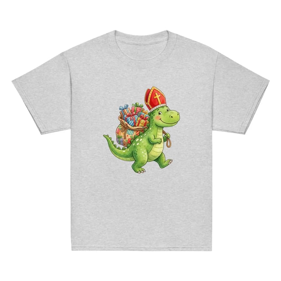 Grey children's t-shirt with a cheerful green dinosaur in a mitre carrying a sack of presents
