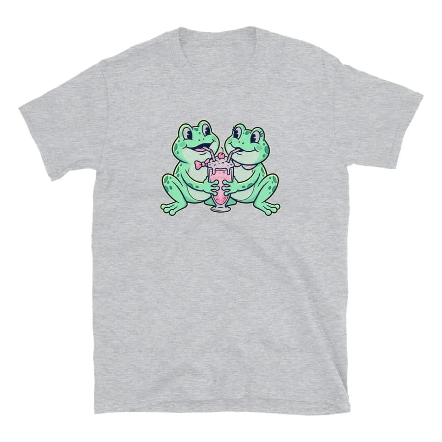 Grey t-shirt with two frogs sharing a milkshake