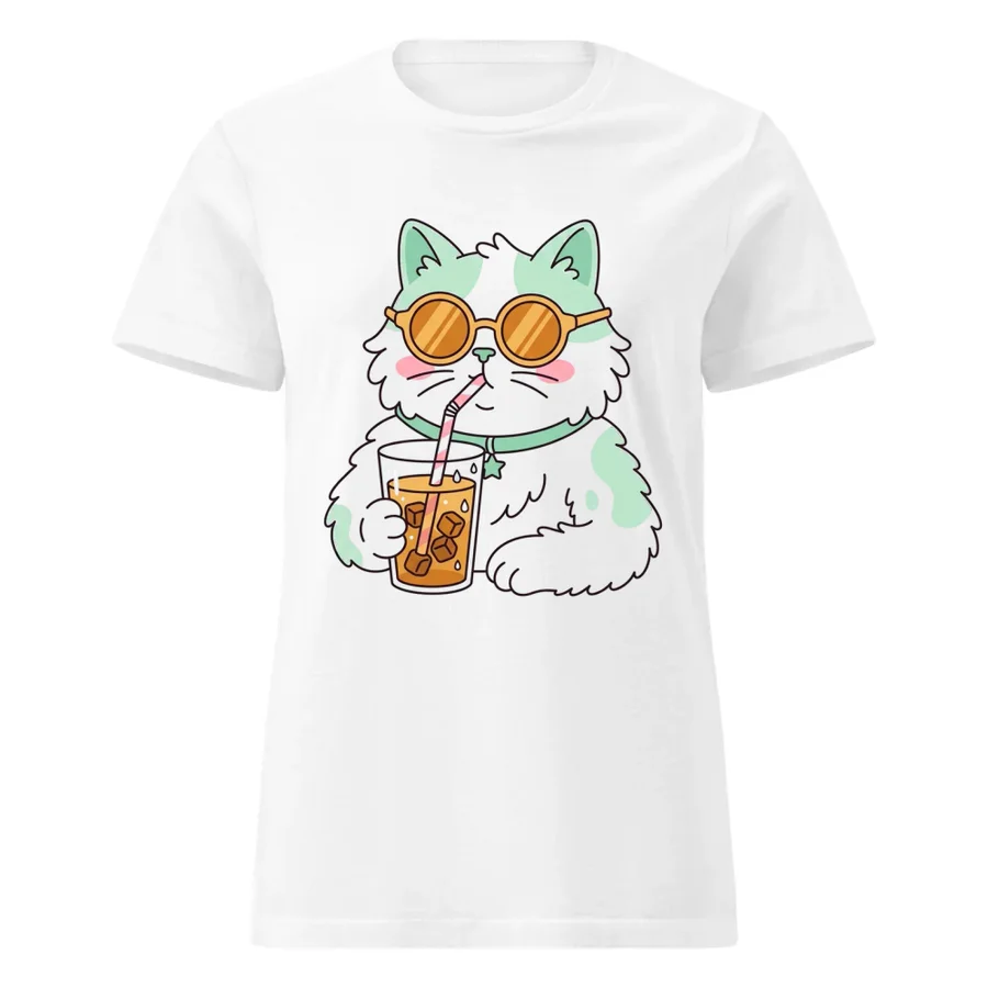 White t-shirt with a cat in sunglasses drinking iced coffee