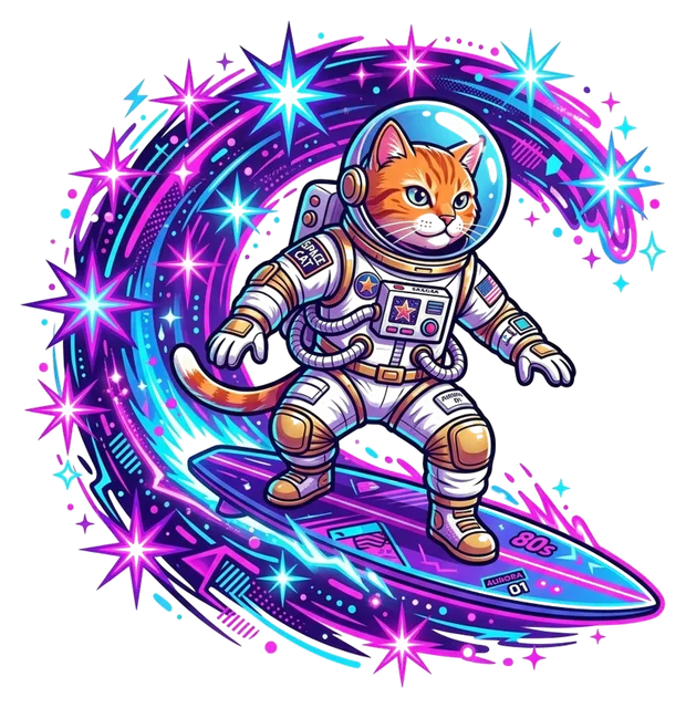 an astronaut cat surfing a wave of stars, retro 80s