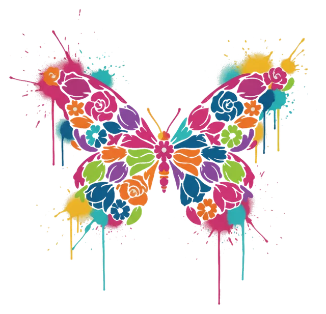 butterfly built from flower petals, spray paint style