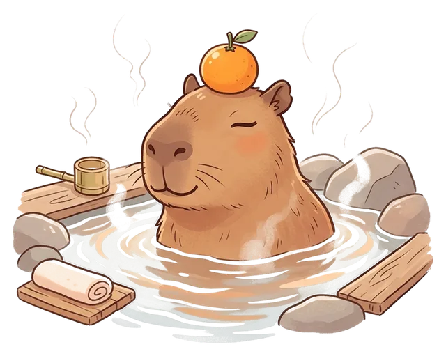 a capybara relaxing in a hot spring with an orange on its head, cute Japanese illustration