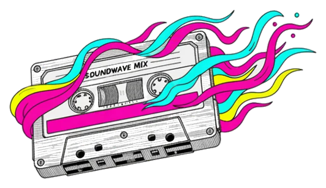 a cassette tape dissolving into colour bands, 1980s
