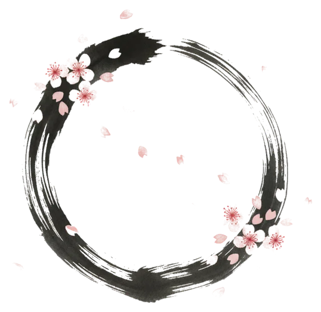 enso circle with falling cherry blossom