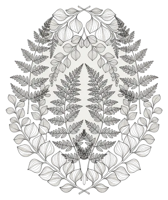 ferns and eucalyptus, fine ink drawing