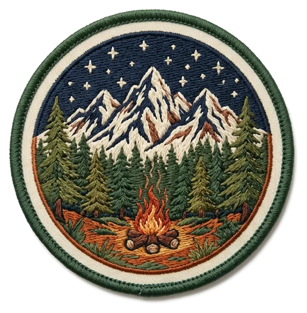 vintage camping badge with mountains, pines and a campfire under the stars
