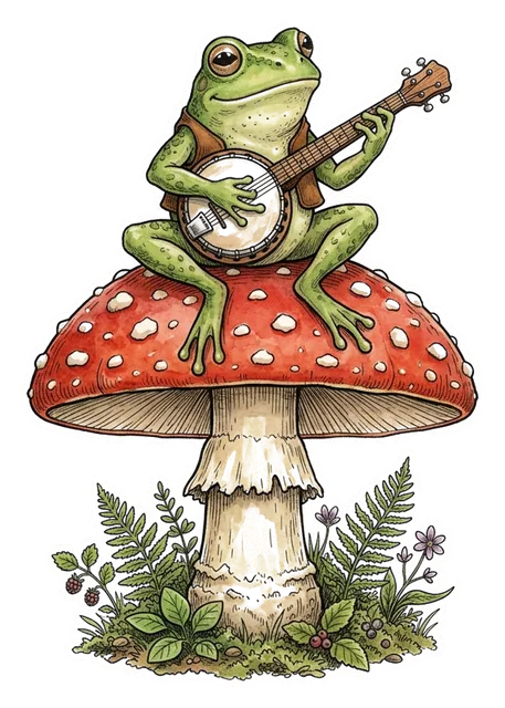 a frog playing a banjo on a giant mushroom, storybook illustration