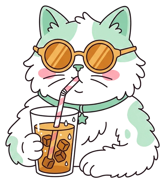 for my sister: a cat in sunglasses drinking iced coffee