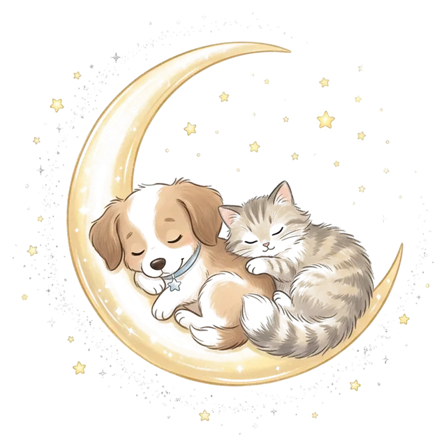 a dog and a cat sleeping together on a crescent moon under the stars, soft illustration
