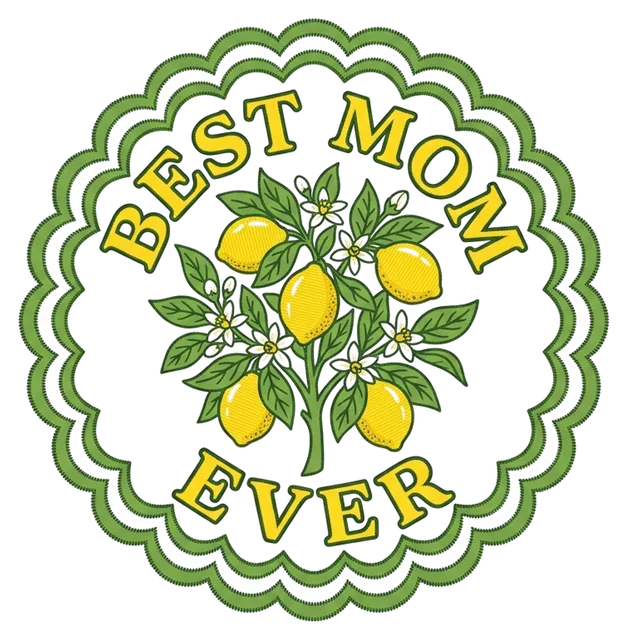for mum: a vintage badge with a blossoming lemon tree and the text "BEST MOM EVER"