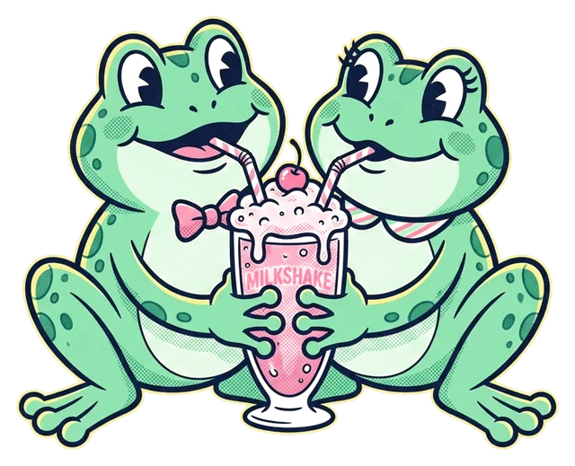for my best friend: two frogs sharing a milkshake, retro cartoon