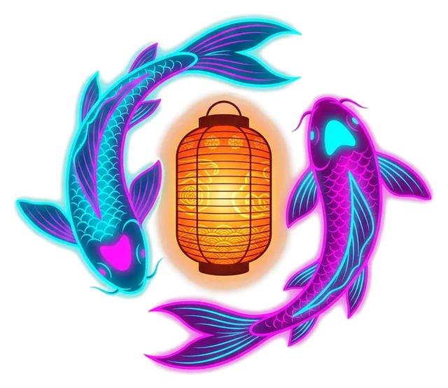 neon koi fish swimming around a paper lantern