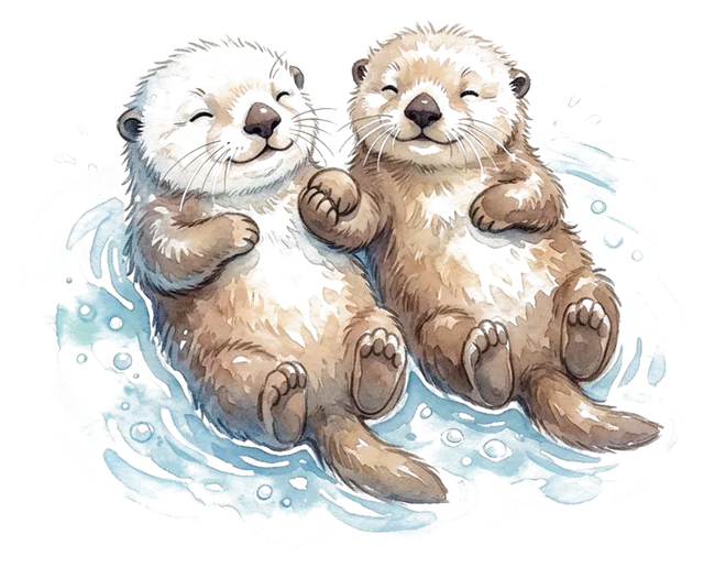 two otters floating on their backs holding hands, cute watercolour