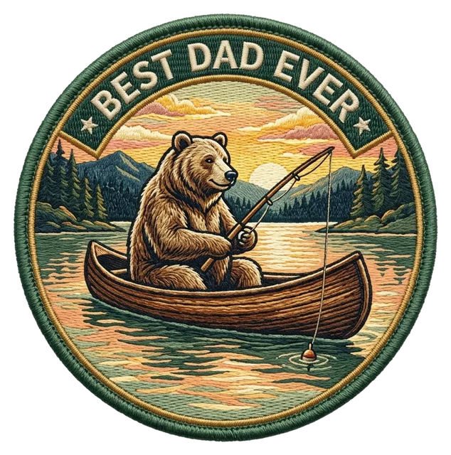 for dad: a bear fishing from a canoe at sunrise, vintage badge with the text "BEST DAD EVER"