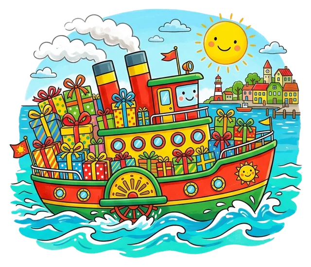a steamboat full of presents sailing into the harbour over cheerful waves, children's illustration in bright colours