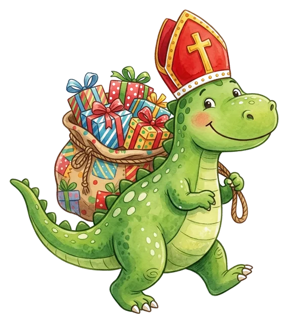 a cheerful dinosaur in a mitre carrying a sack of presents, children's book illustration in bright colours