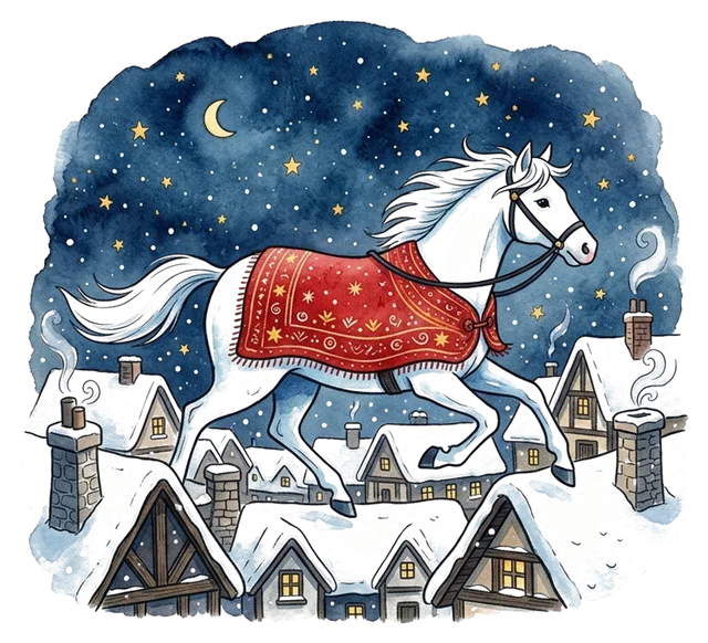 Sinterklaas's white horse in a red blanket galloping over the rooftops under a starry sky, cheerful picture book style