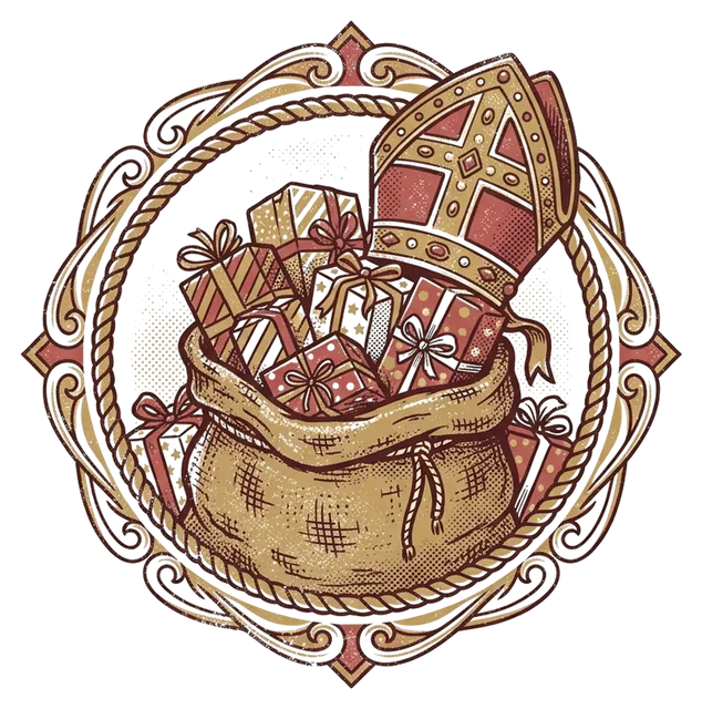 a vintage badge with a burlap sack full of presents, a mitre and the text "SURPRISE"