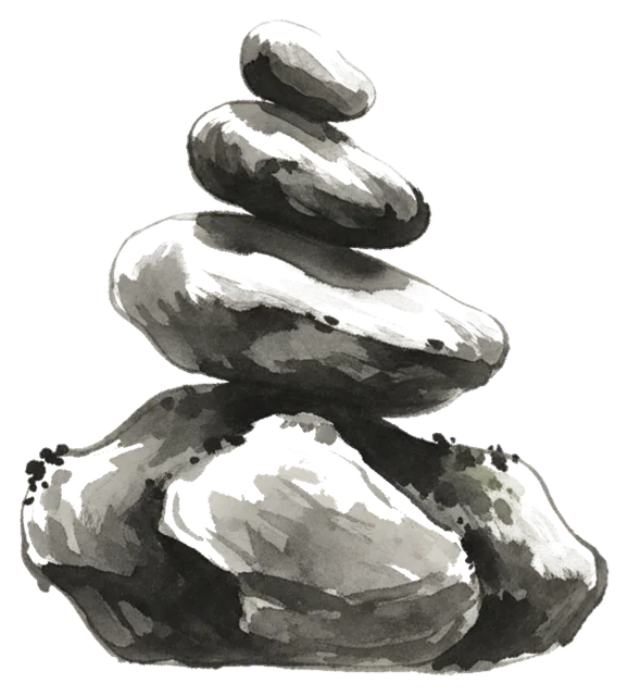 stacked stones in balance, ink wash