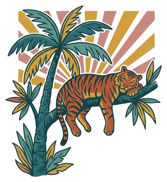 a tiger lounging in a palm tree at sunset, retro 70s poster
