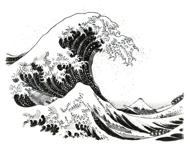 a large breaking wave, black and white ink drawing